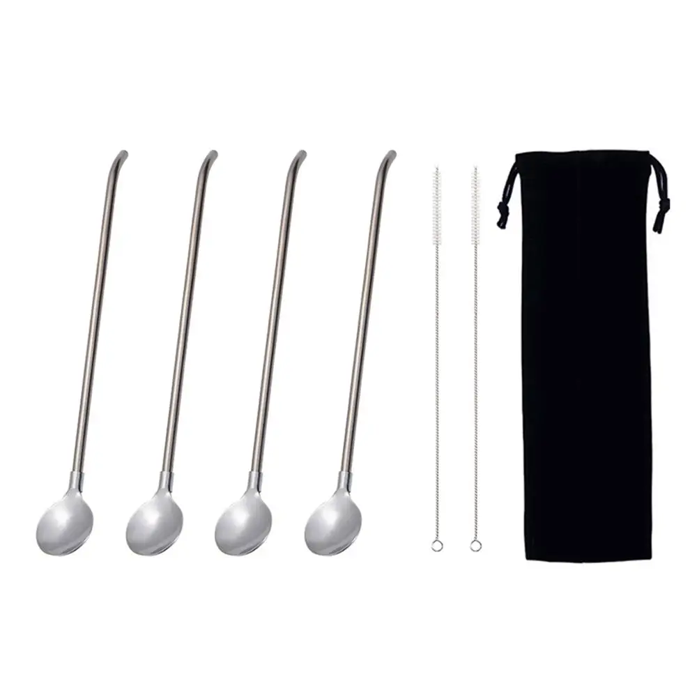 7pcs Silver long 9/8/7 шт. Нержавеющая сталь ложка набор соломинок с щеточка для чистки Многоразовые Длинный металлический соломинки для коктейлей и пузырь Чай - Цвет: 7pcs Silver long