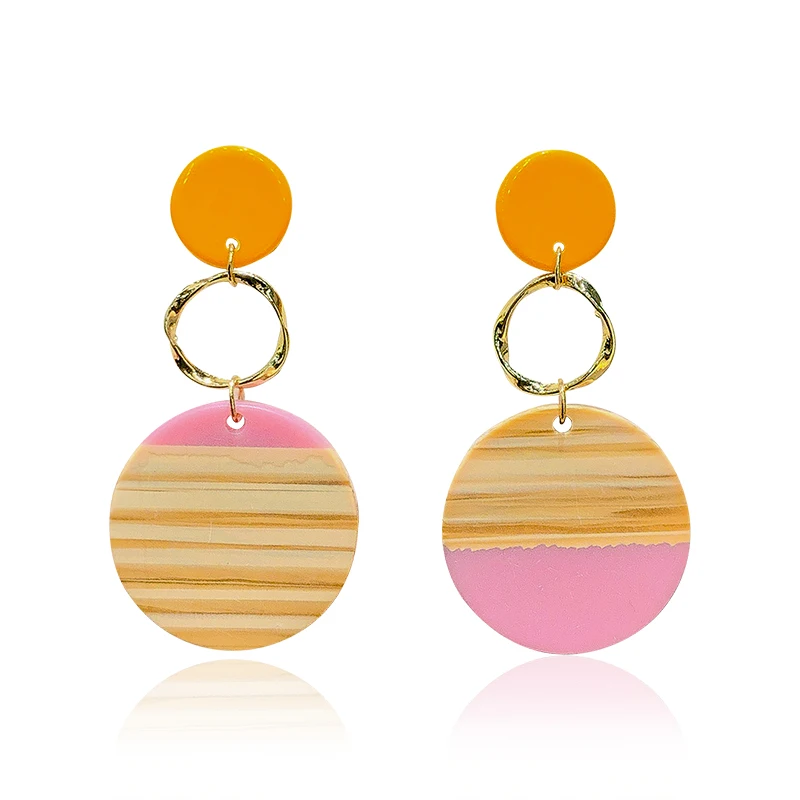 

DREJEW Contrast Color Pink Blue Green Statement Earrings 2019 Geometric Round Resin Alloy Drop Earrings for Women Weddings E9361