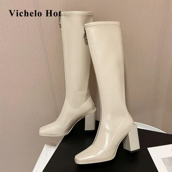 

Vichelo Hot limited customization large size real leather square toe high heel zipper beauty lady daily wear knee-high boots L65