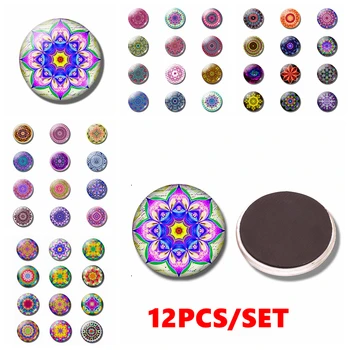 

12PCS Mandala Fridge Magnet Glass Dome Buddhist Totem Fridge Sticker Creative Mandala Flower Home Decoration Fridge Magnet