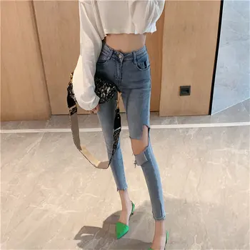 

HziriP Chic Denim Elastic High Waist Plus Women Female Hole Jeans Vintage Skinny Brief Casual All Match Ankle-Length Trousers