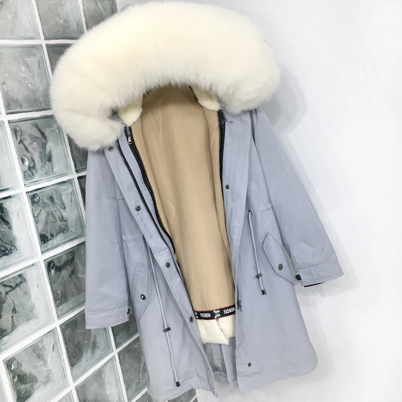 Зимняя куртка женская длинная парка натуральный мех пальто натуральный Лисий меховой капюшон, воротник Толстая теплая верхняя одежда Роскошная подкладка из кроличьего меха