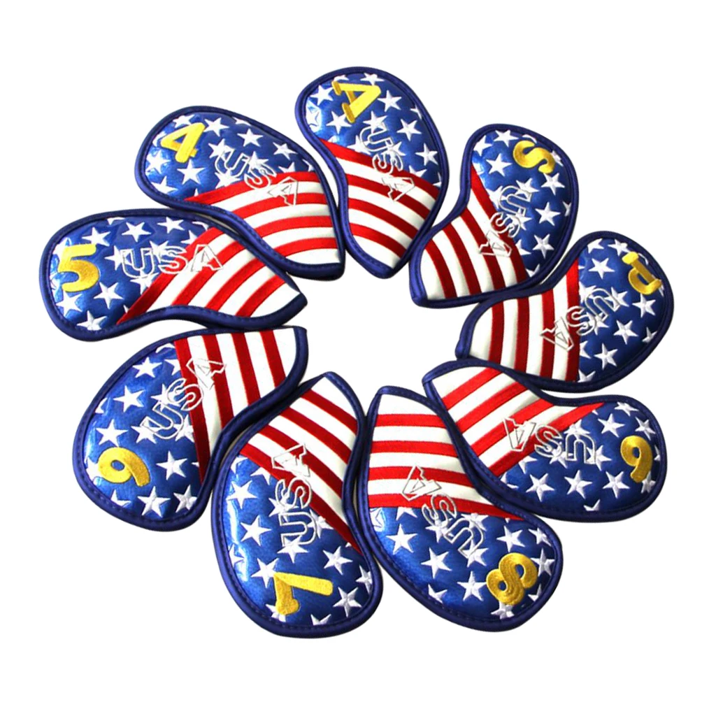 

Bulk 9 White Blue Red US Flag Golf Club Head Cover Wedge Iron Protective Headcover - Waterproof & Durable