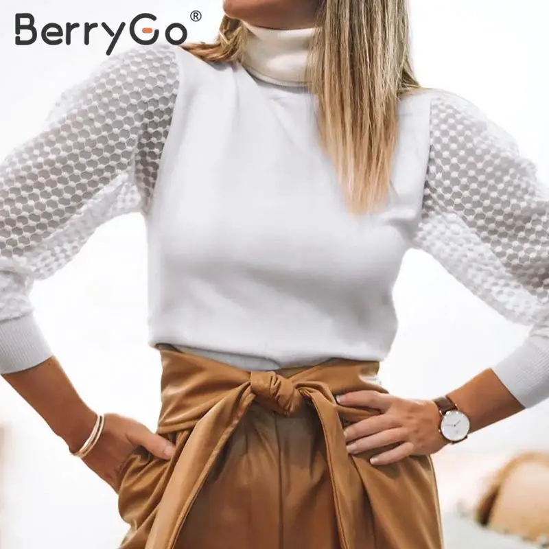 BerryGo, Элегантная водолазка, Лоскутная Блузка, женская уличная одежда, женские блузки, рубашки, Осень-зима, кружевные рукава, женские вязаные топы