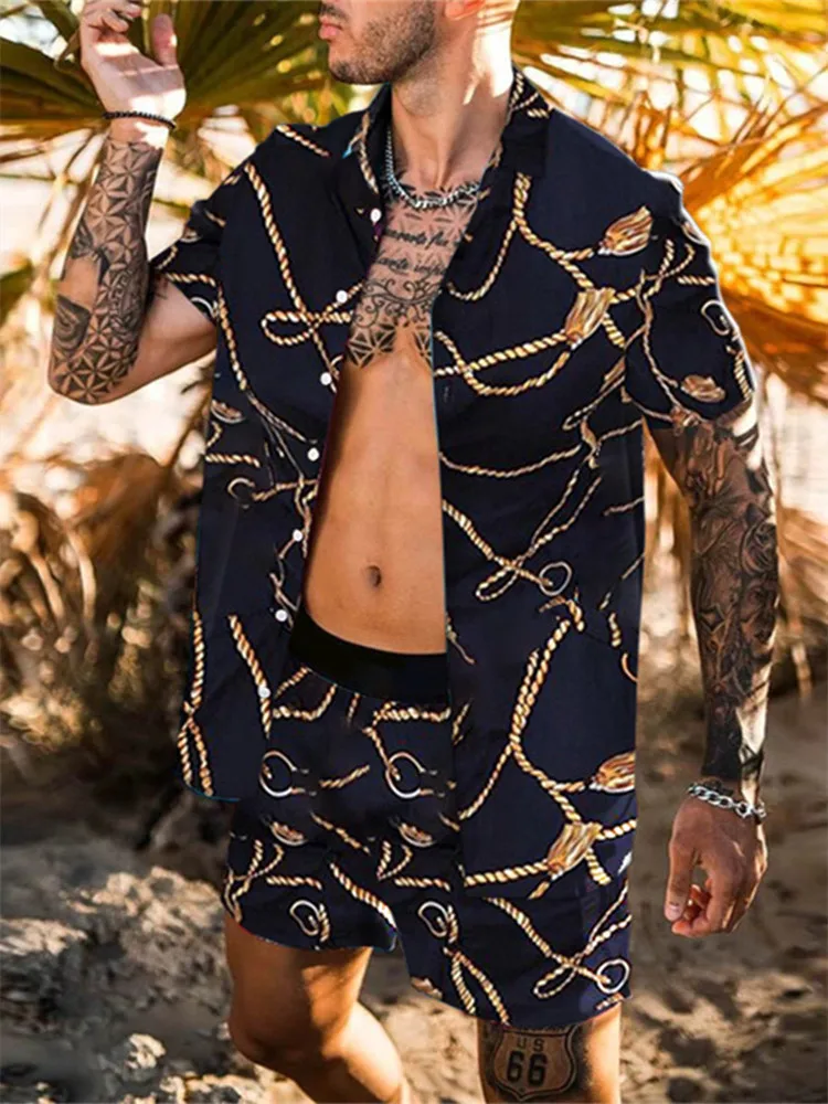 Summer Men Hawaiian Sets Printed Breathable Lapel Short Sleeve Shirtelastic Waist Beach Shorts Streetwear Casual Men Sets 2 Piec - Image 3