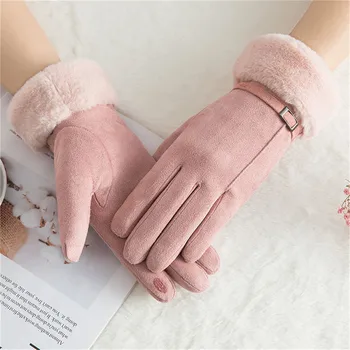 

Solid Color Winter Women Double Layer Padded Warm Gloves Full Finger Gloves For Female Mittens Gloves
