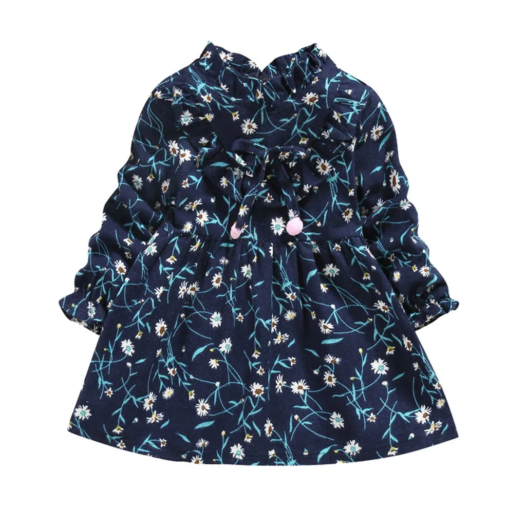 Платье для маленьких девочек; vestidos para bebes de invierno; платье для маленьких девочек с рюшами и кукольным воротником; платье с цветочным принтом и бантом Повседневная одежда с длинными рукавами