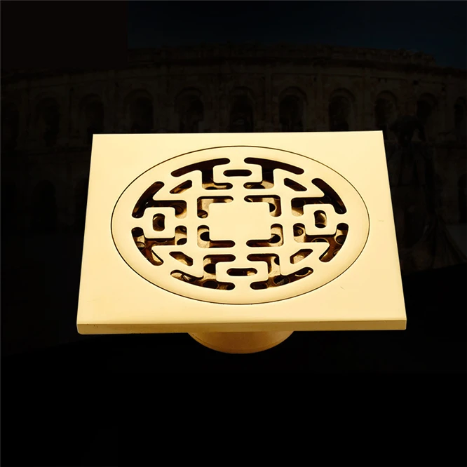 

DHL 10sets Brass Bath Floor Drain 10x10cm Gold Bathroom Shower Square Drain Strainer Factory Direct Sales Bathroom Drain Floor