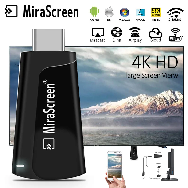 4K Wifi Дисплей ТВ Dongle 2,4G/5G двухдиапазонный двухъядерный беспроводной HDMI Miracast tv Stick MiraScreen беспроводной дисплей адаптер литой