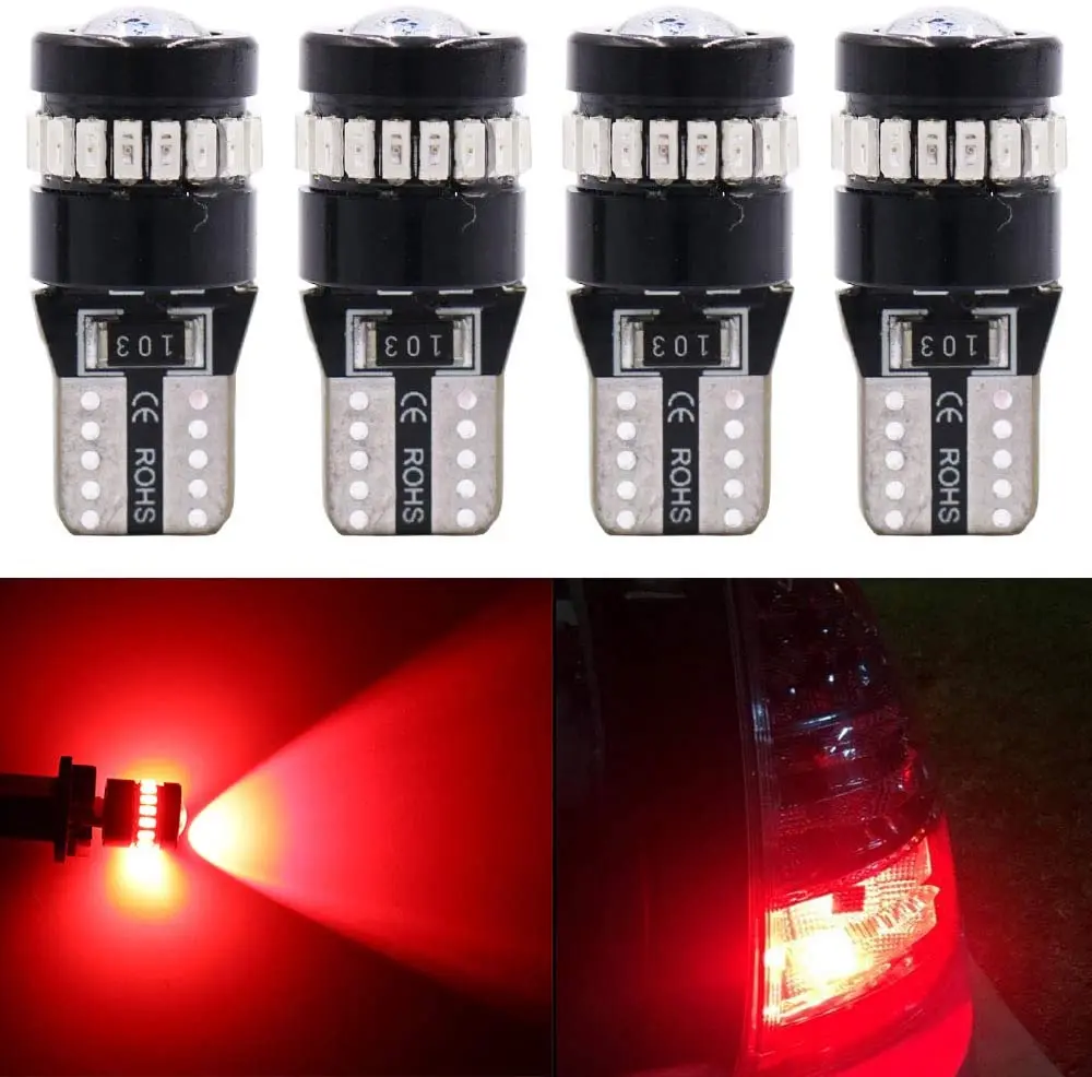 

4 шт. T10 W5W 194 Светодиодный лампочки Canbus LED светильник, алюминиевая крышка, 10В-30 В постоянного тока для 2825 168 175 921 база, номерного знака, положение/интерьерный светильник, красный