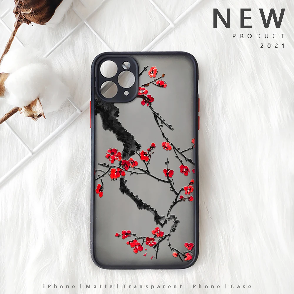 Plum Blossom Flower Iphone 13 12 XS 11 Pro Max Mini Chinese Style Painting Case for  X XR SE2020 7 8 Plus Red Floral Design Case