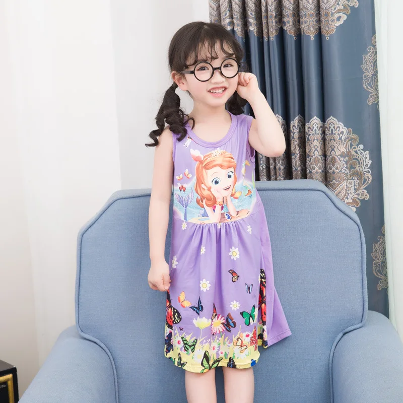 Disney Summer sleepwear children's short-sleeved nightdress girls cotton pajamas frozen dress baby robes children's clothing