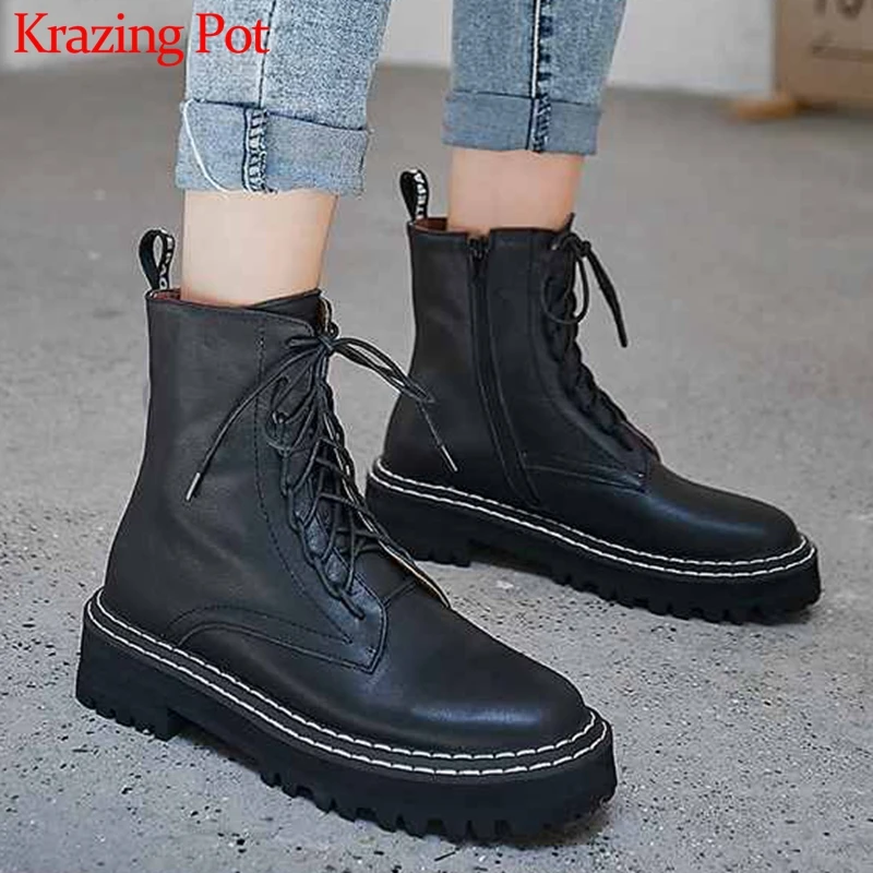 

krazing pot new arrival cow leather round toe cross-tied med heels lace up western boots leisure keep warm ankle boots L06