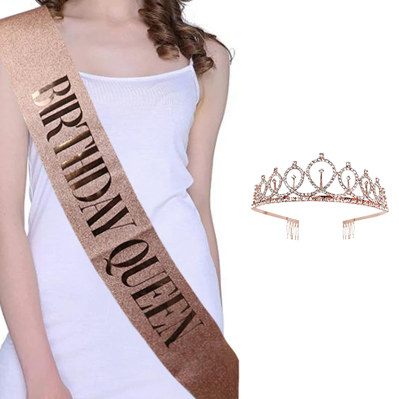 Gold Silver Glitter Birthday Sash Rhinestone Tiara 18th Crystal Crown Birthday Queen Satin Ribbon Sash For Birthday Party Decor