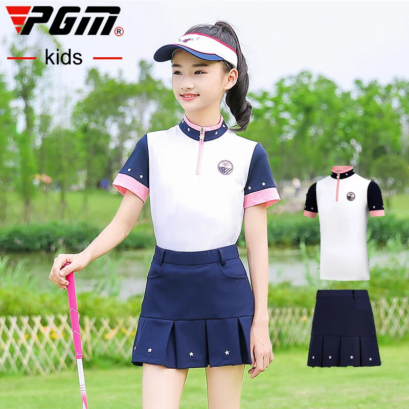 PGM Kids Girls Golf Skirt Set Short Sleeve Shirt Pleated Skirt Girls