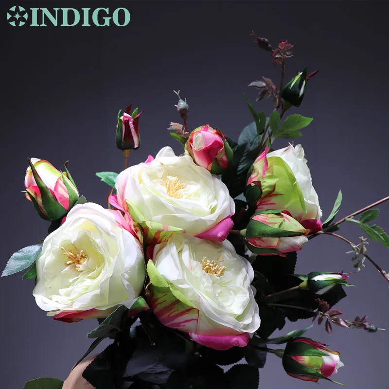 5 stems rose INDIGO- 5pcs Pink Rose Spray Flower With Buds(1 flower+3buds) Home Wedding Real Touch Flower Floral Event Party Free Shipping - Color: 5 stems rose