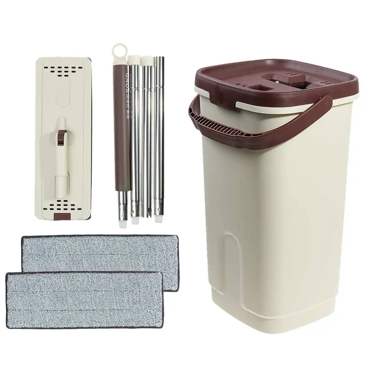 Cleaning Mops with Bucket Floors Squeeze Flat Mop with Water Home Kitchen Floor Cleaner House Cleaning Tools with 2PCS Pad - Color: White