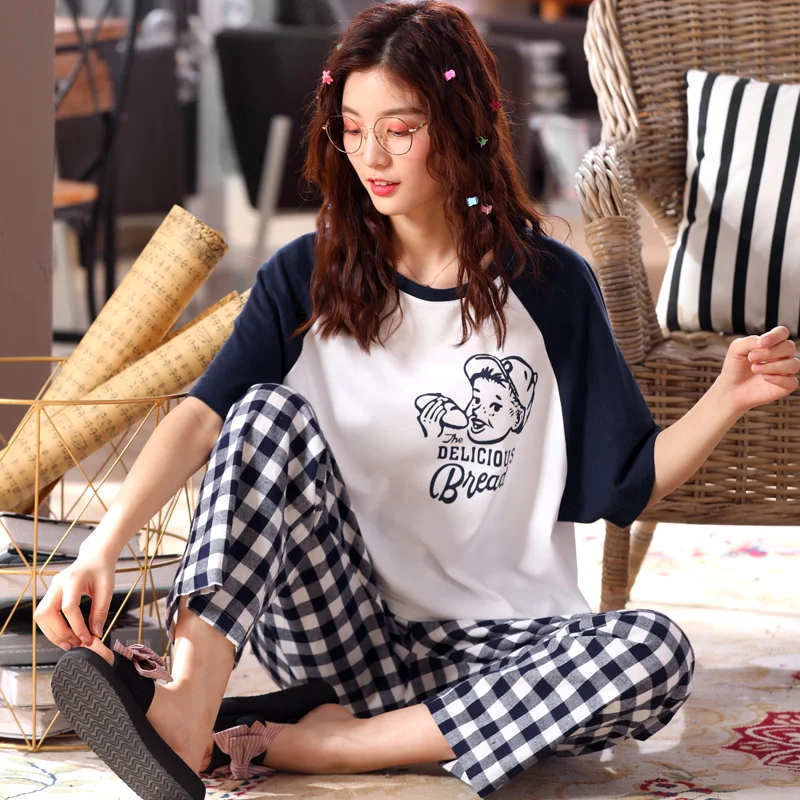 

Women Home wear Lounge clothes Short Sleeve Pajamas Sets plaid Cotton Sleepwear girls homewear housewear