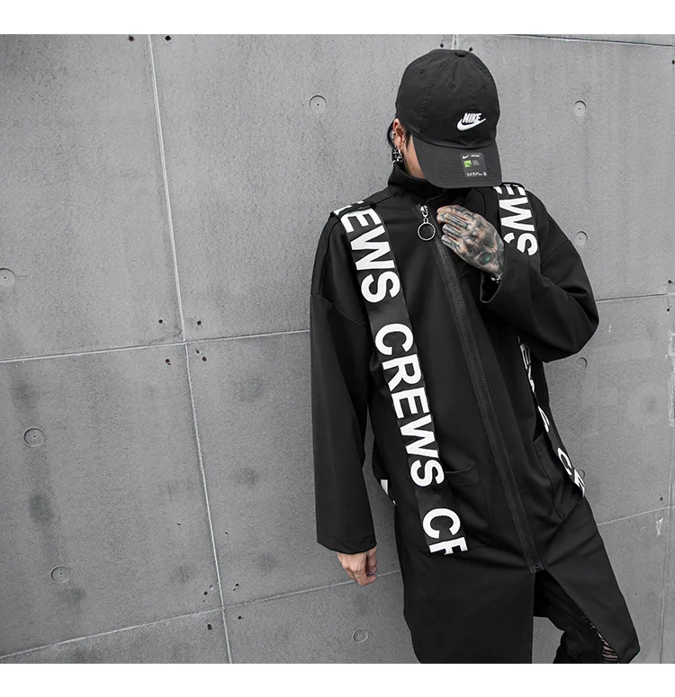 Male Streetwear Hip Hop Gothic Casual Windbreaker Outerwear Men Long Style Letter Ribbon Splice Loose Black Trench Coat Jacket