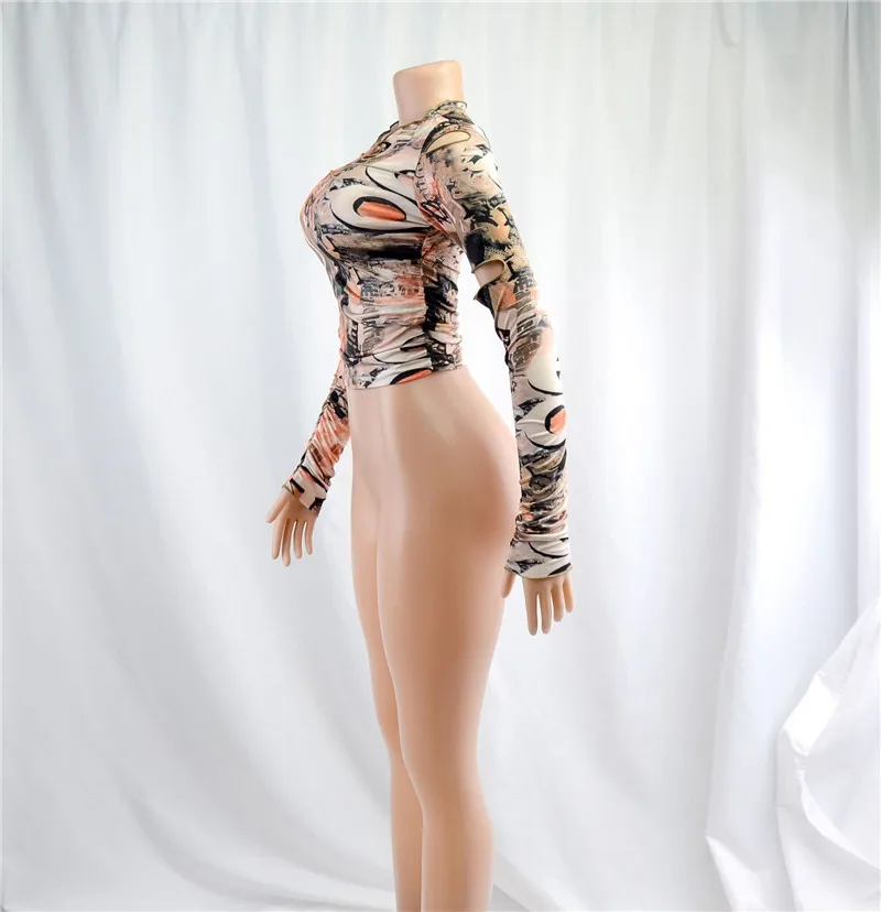 Women's Printed Long-sleeved Crop Top Round Neck Cutout Short T-shirt Tight-fitting Sexy Navel Pullover 2020 Lady Street Wear