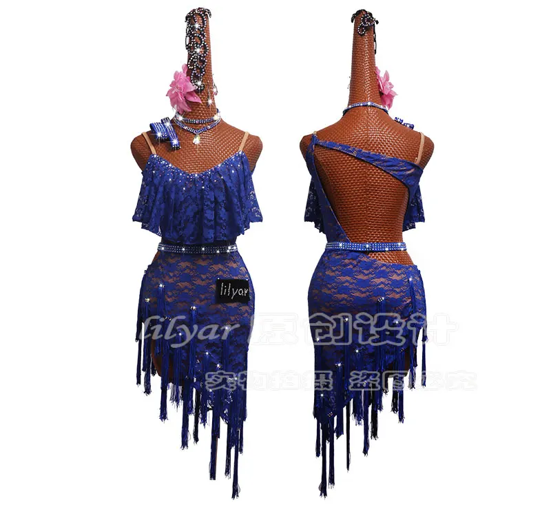 Элегантные платья для латинских танцев для женщин, синяя сексуальная юбка с бахромой для сальсы, вечернее кружевное платье, одежда для Бальных соревнований