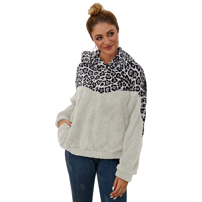 hoodie harajuku womens hoodies pullover Casual Sweatshirts Hoodies Double Fleece Leopard Patchwork Sweatshirt 2019