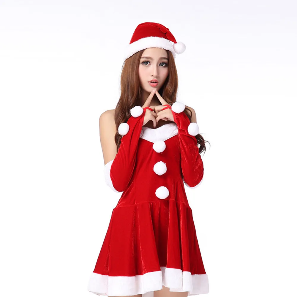 Стильный бар женский костюм Санта Клауса для косплея карнавальные вечерние красные платья для девочек на Рождество зимний флисовый комплект одежды для ролевых игр - Цвет: Red