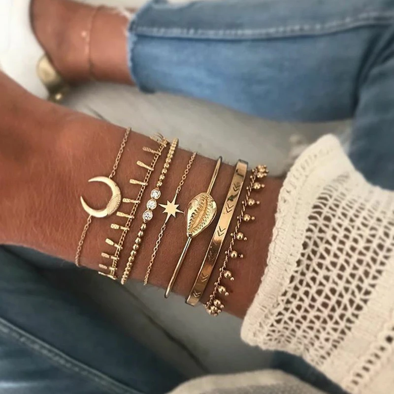

7PCS Boho Metal Shell Moon Charm Bracelets & Bangles Set Women Accessories Ethnic Jewelry Punk Gold Chain Armband Pulseras Mujer