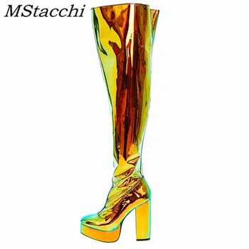 

Mstacchi Women Bling Sequined Cloth Sewing Knee Boots Dazzling Light Pleated Thick Bottom Round Toe Long Boots Heels for Women