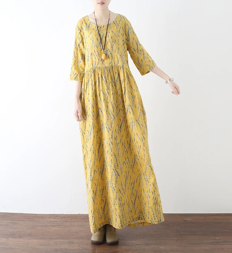 Spring Autumn Vintage Cotton Linen High Waist Floral Printing Dress Loose Casual Big Size Three Quarter Ladies Robe Dresses