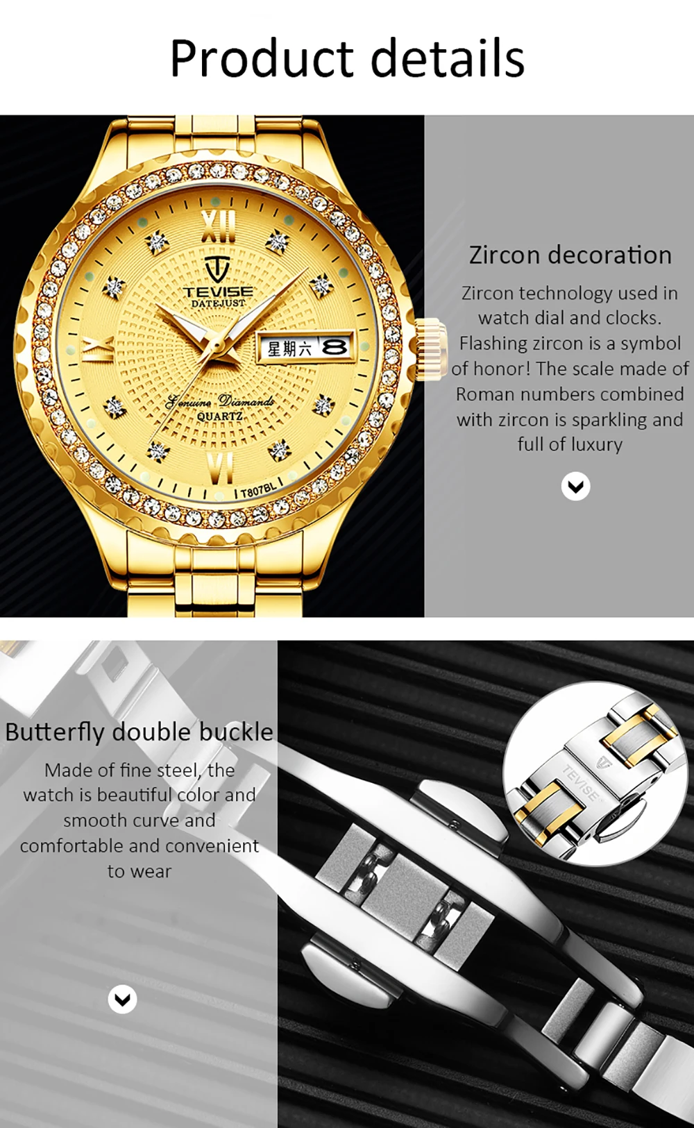TEVISE T807BL кварцевые часы для женщин водонепроницаемые наружные ночные циркониевые украшения браслет из нержавеющей стали минеральные женские наручные часы