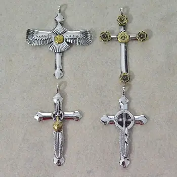 

hand-engraved Silver Point Gold Feather Cross Necklace Pendant