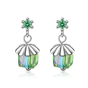 

100% 925 Sterling Silver Elegant Square Crystal Flower Female Tassel Stud Earrings Jewelry Women Birthday Gift Never Fade