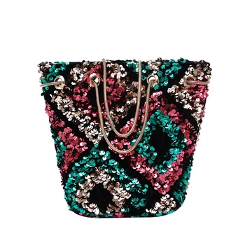 

Spring 2020 New Fashion Casual Sequin Chain Fashion Bucket PU Bag Shoulder Messenger Bag for Women Crossbody Bags Handbags