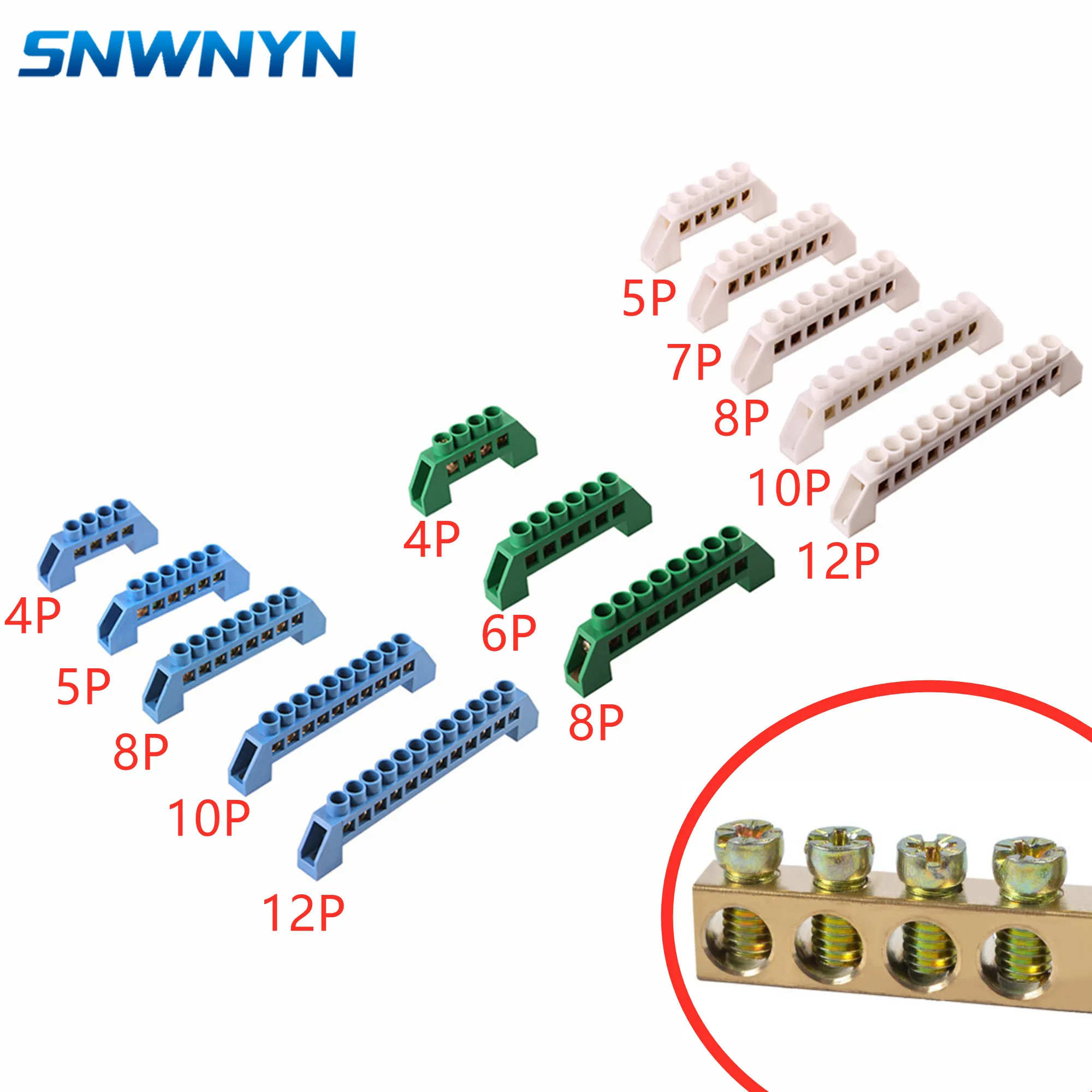 Blu Bianco Verde Ponte Design Zero Line 4-12 Poli Vite Ottone Rame Messa A Terra Morsettiera Connettore Terra E Neutro