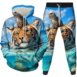Ensemble sweat shirt à capuche pour homme, imprimé peau de tigre en 3D, unisexe, décontracté, à la mode, automne 