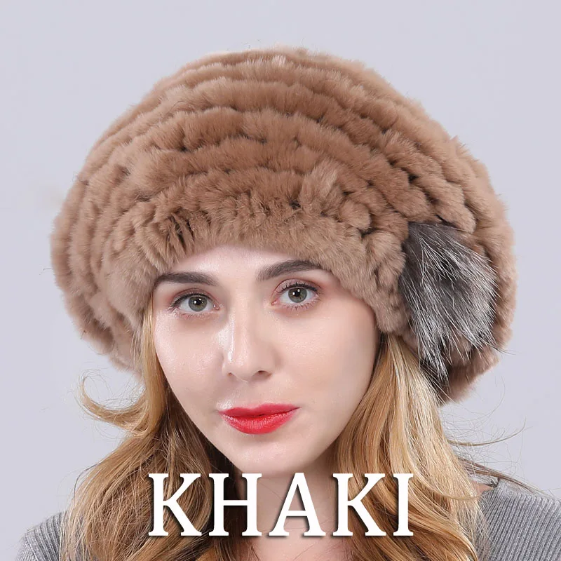Женские зимние меховые береты из натурального кролика рекс мягкие эластичные вязаные шапки ручной работы из натурального меха с цветком модные брендовые качественные - Цвет: khaki