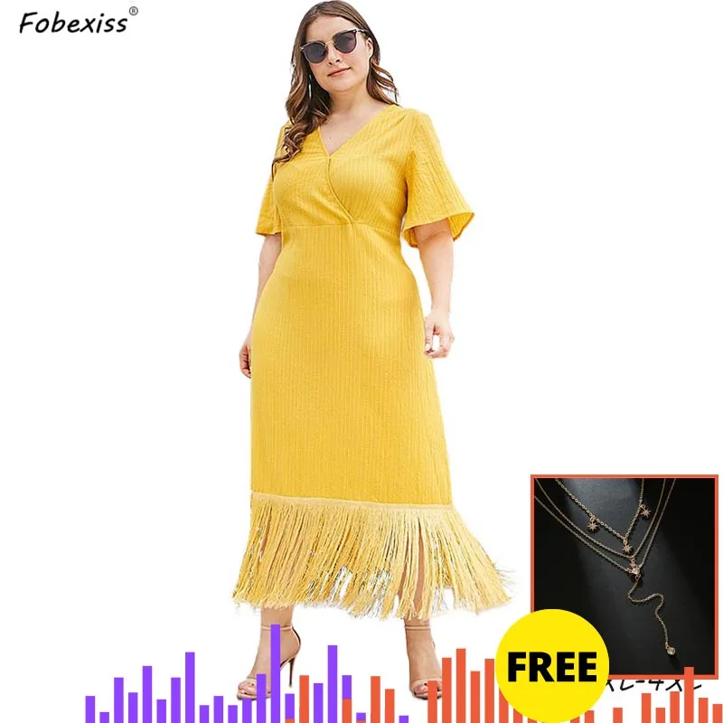 

4XL Yellow Maxi Party Dress Fringe Plus Size V Neck Elegant Bodycon Dress Solid Cotton Sundress 2020 Spring Summer Dresses Women