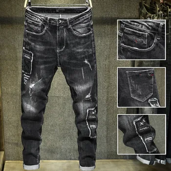 

Men's Black Elastic Punk Style Hole Pencil Jeans Pants 2020 New Design Young Man Fashion Slim Fit Appliques Skinny Denim Pants