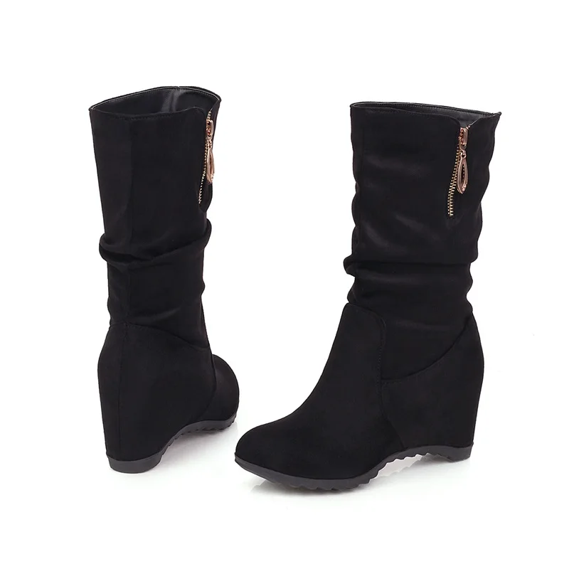 EGONERY winter new concise mid calf boots outside casual high heels round toe flock zipper women shoes drop shipping size 33-44