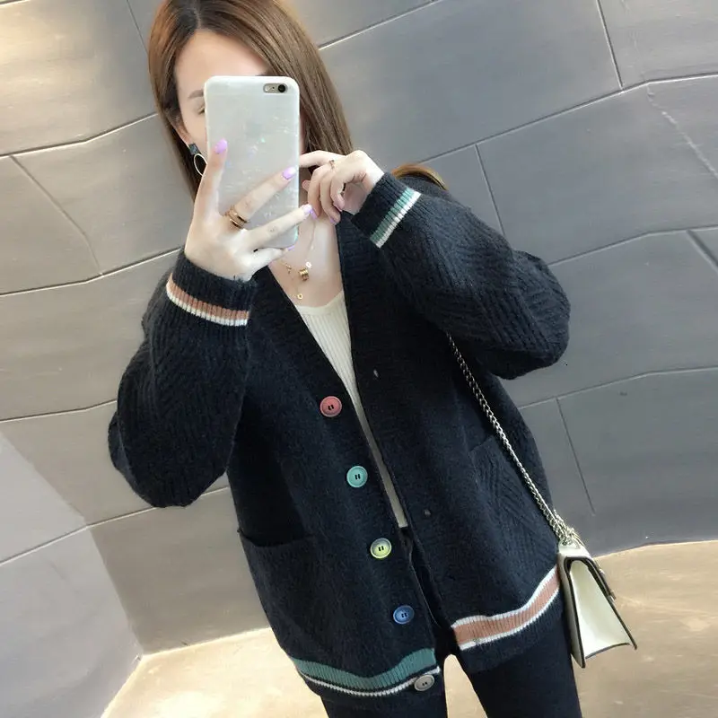 Knitted Cardigan Толстый кардиган женский весна осень длинный рукав вязанный v-образный вырез трикотажные женские шерстяные кофты Женский вязаный жакет Топы - Цвет: Knitted Cardigan