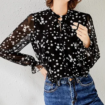 

Star Print Women's Blouse Ruffled Small Tie Shirt Long Sleeve Romantic Elegant Tops Shirt