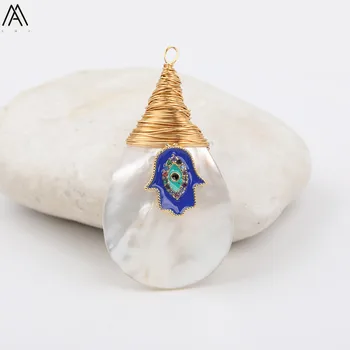 

5pcs/Lot Random Sales Freeform White Pearl Paved Fatima Hand Enamel Beads Gold Charms For Pendant Necklace Jewelry DIY MY-18AMAJ