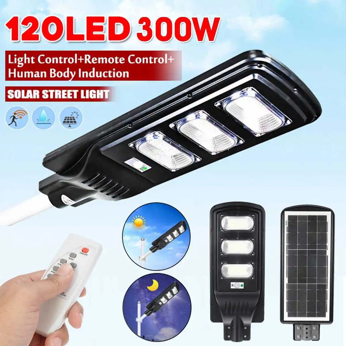 

Smuxi 120LEDs 300W Waterproof Street Light Solar Powered PIR Motion Light w/Remote Control for Garden Yard Street Flood Lamp