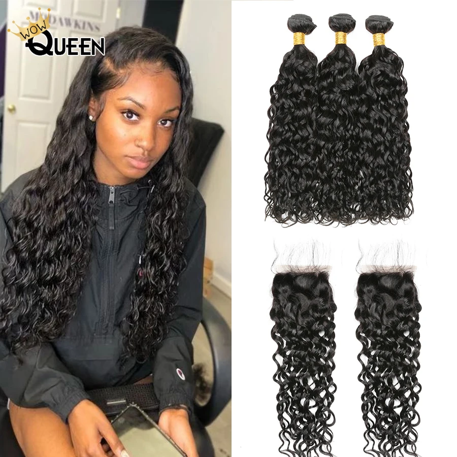 Water-Wave-Bundles Human-Hair Hair-Extensions Closure Natural-Color with 100%Malaysian