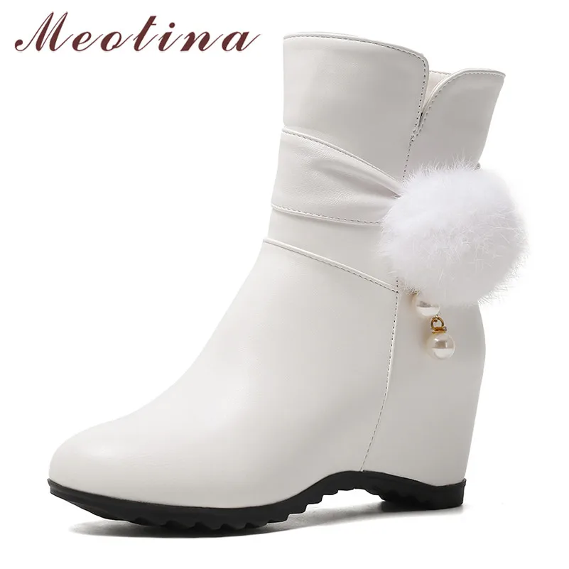 

Meotina Winter Ankle Boots Women Pearl Height Increasing High Heels Short Boots Zipper Round Toe Shoes Ladies Autumn Big Size 43