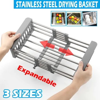 

Adjustable Dish Drainer Sink Drain Basket Washing Vegetable Fruit Stainless Steel Drying Rack Kitchen Accessories Organizer