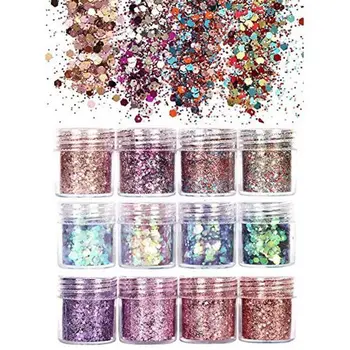 

12 Box Cosmetic Festival Chunky Sequins Epoxy Resin Pigment Body Face Hair Nair Art Glitters Paillette Iridescent Flakes