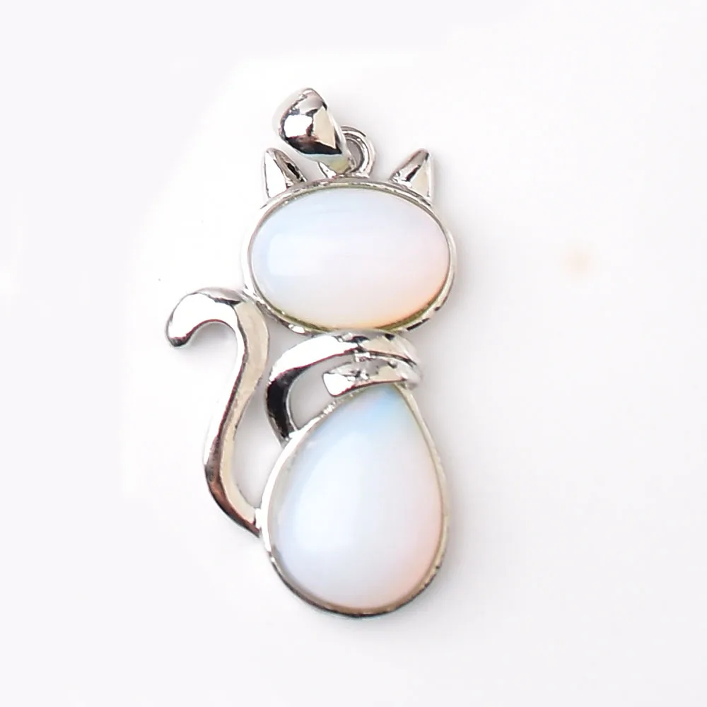 Opal 1 шт., модный кварцевый кулон в виде кота, розовый кварц, малахитовый тигры, обсидиановый глаз, розовый, красный камень, Агат для женщин, минеральное ювелирное изделие - Цвет: Opal