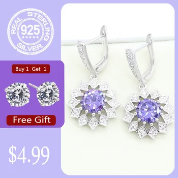 

925 Silver Earrings for Women Purple Amethyst White Zircon Drop Earring Jewelry Free Gift